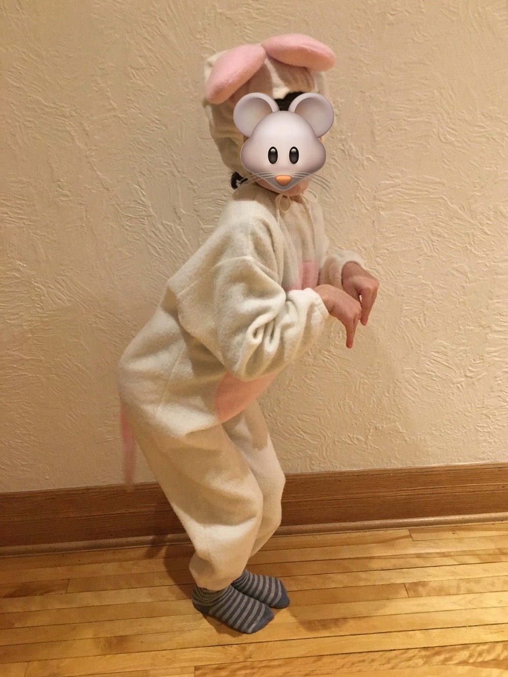 Vintage-Kids White Mouse Costume Hooded Onesie - white and Pink- Size M-L